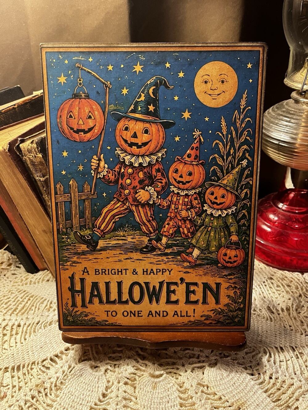 Bright & Happy Halloween, Pumpkins, Retro Handcrafted Plaque